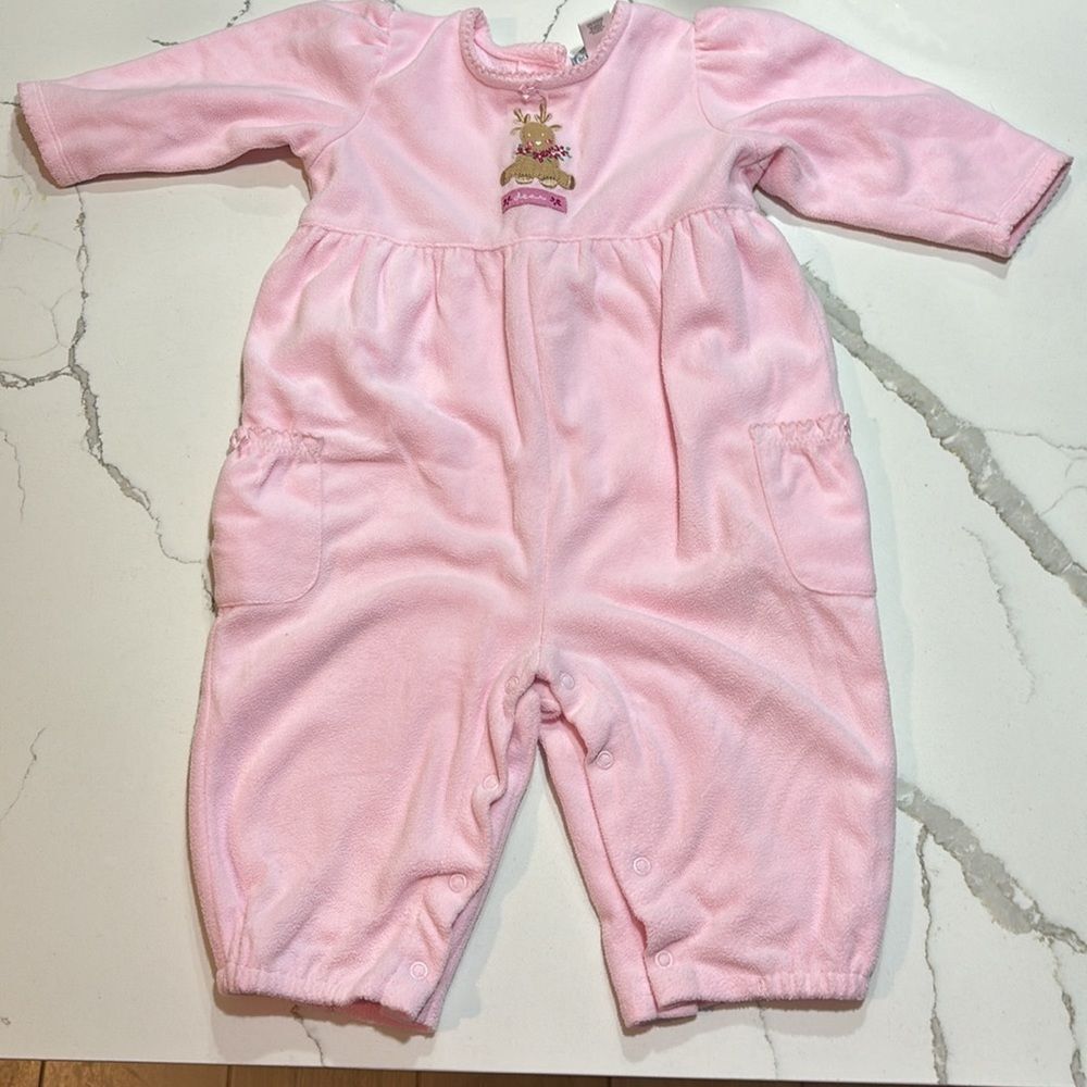 Carter's | Infant Baby Girls Soft Pink Fleece Romper Jumpsuit Reindeer Size 12M